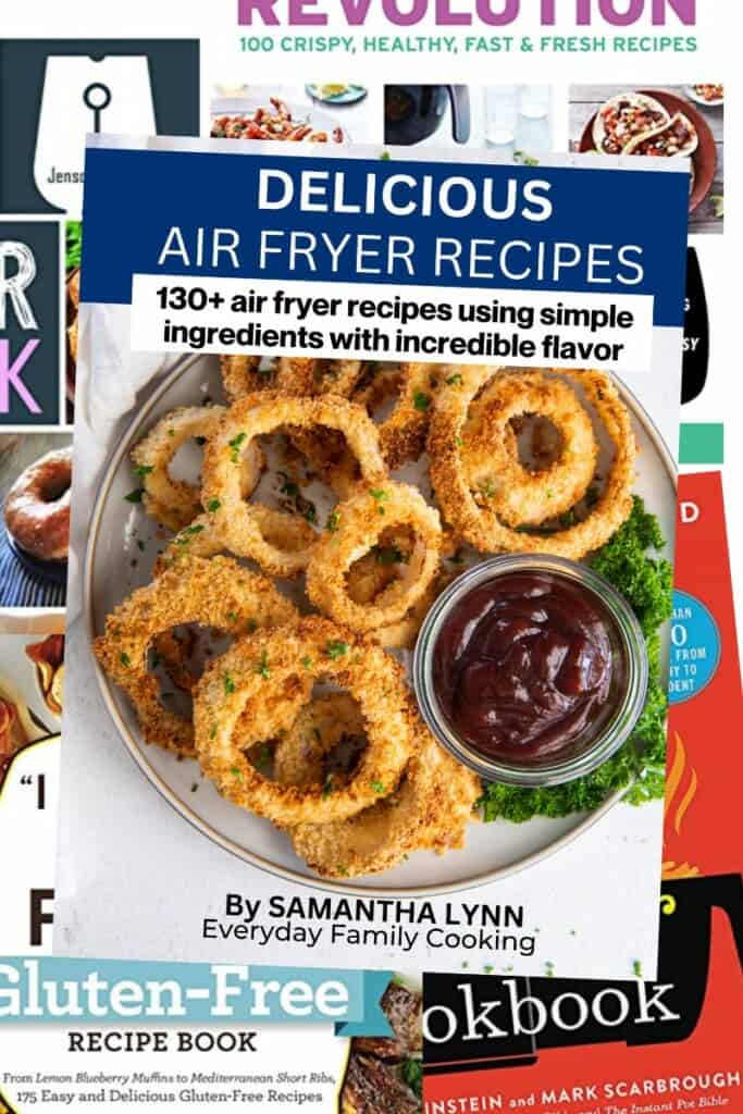 Collage of air fryer cookbooks with delicious air fryer recipes cookbook on top