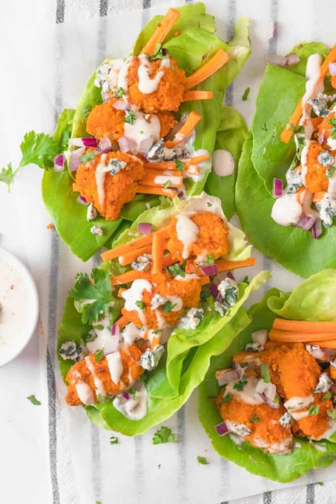 overhead view of low carb buffalo chicken wrap