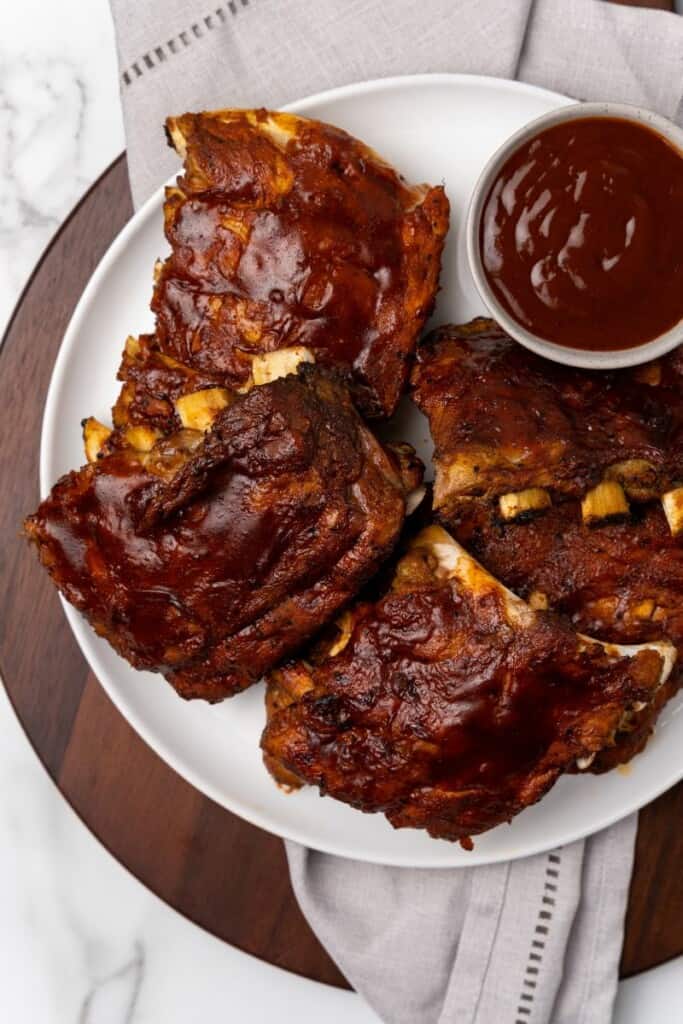 overhead shot of ribs on a plate