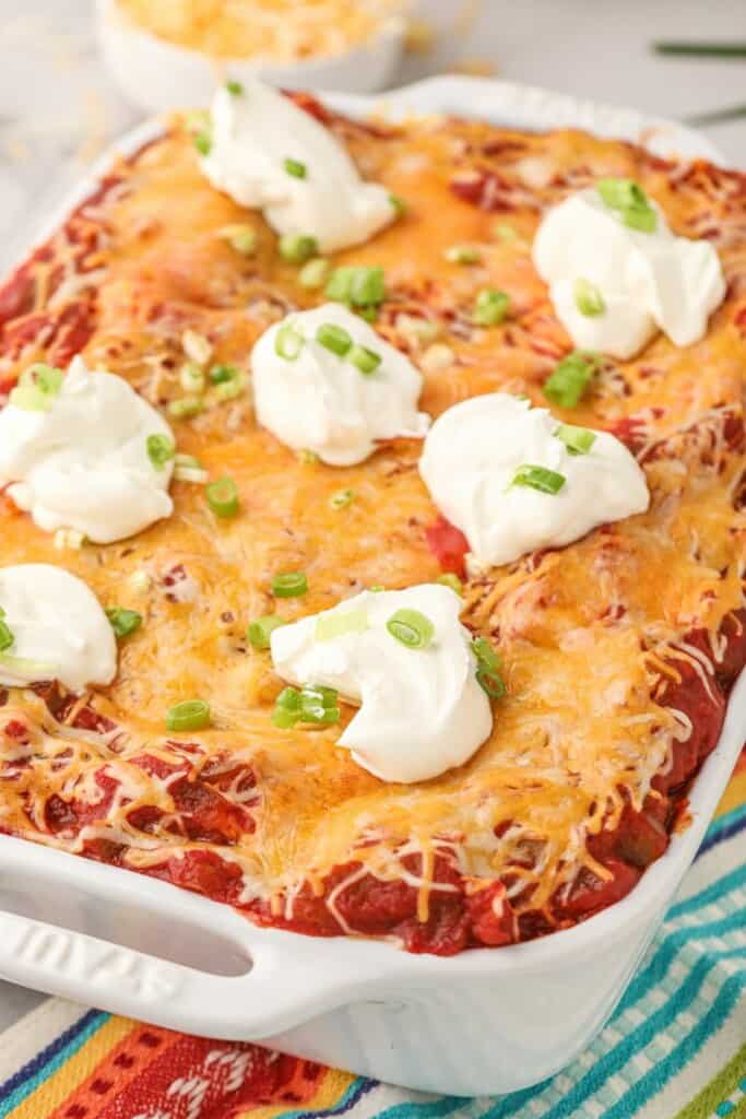 Cooked Mexican lasagna in casserole dish