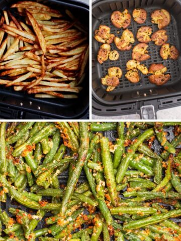 collage of air fryer vegetables (air fryer french fries, smashed potatoes, and frozen green beans)