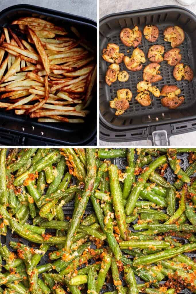 collage of air fryer vegetables (air fryer french fries, smashed potatoes, and frozen green beans)