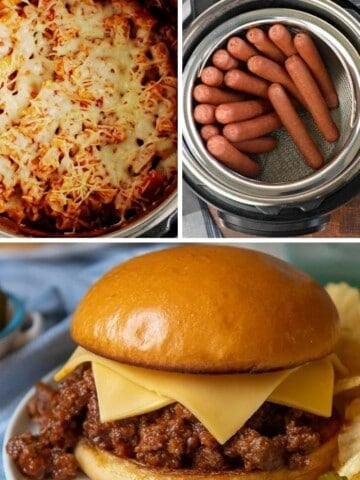 collage of instant pot recipes (baked ziti, hot dogs, and sloppy joes)