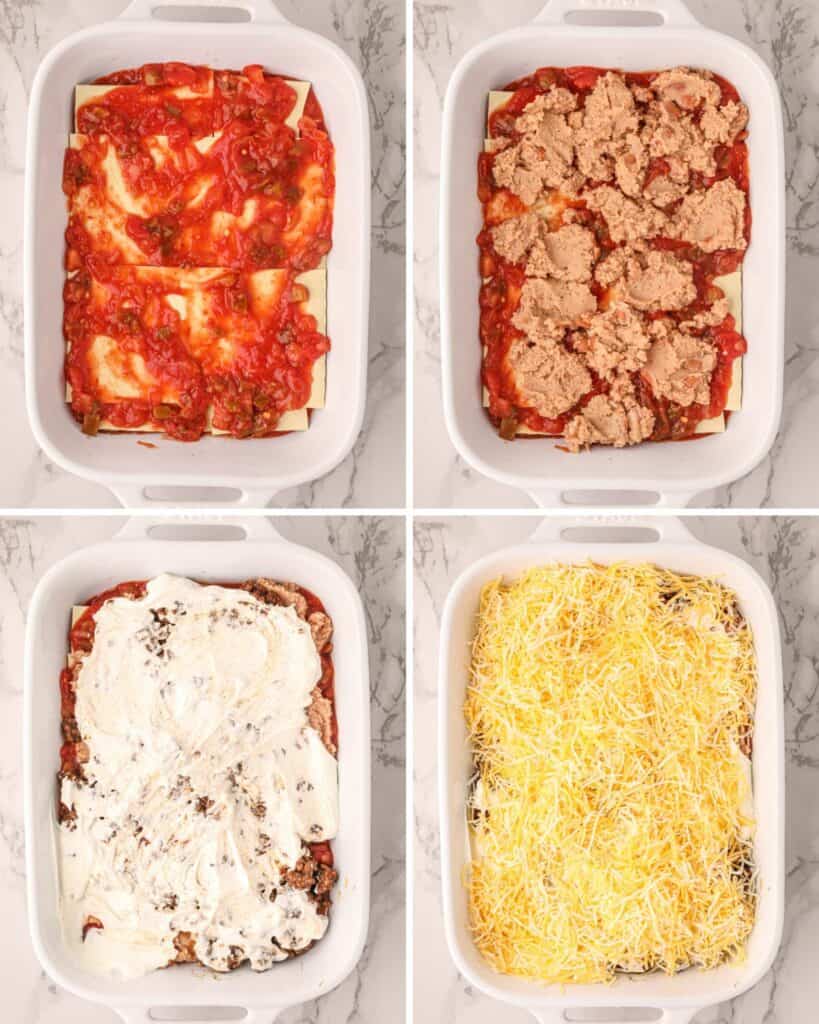 collage of adding the salsa, refried beans, sour cream, and cheese to the taco lasagna casserole dish