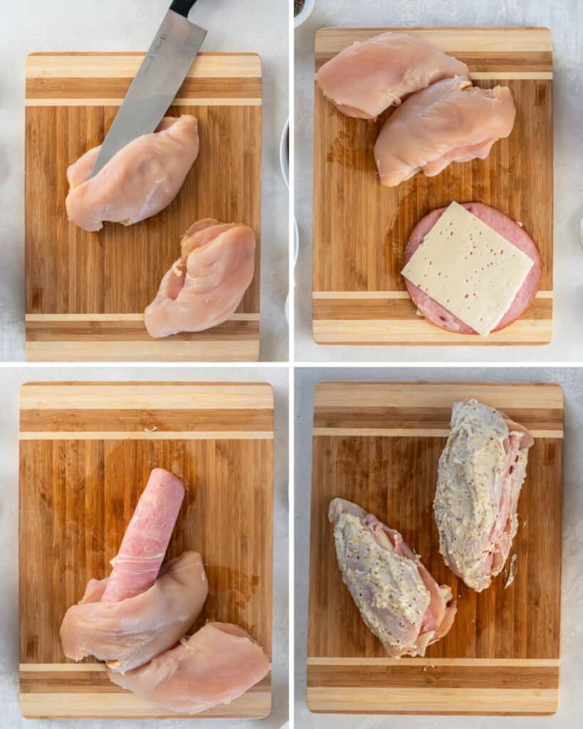cutting chicken breast in the middle, stacking cheese and meat, rolling it and placing the cheese and meat in the chicken, then coating chicken