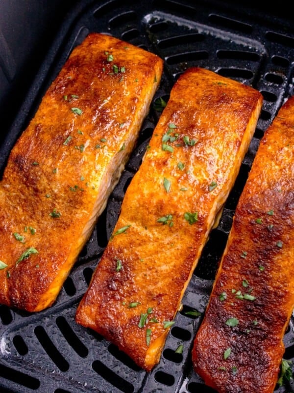 Closeup of cooked salmon in the air fryer.