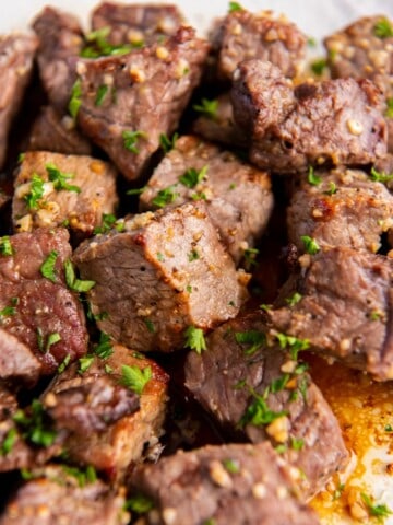 closeup of air fryer steak bites