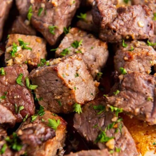 closeup of air fryer steak bites
