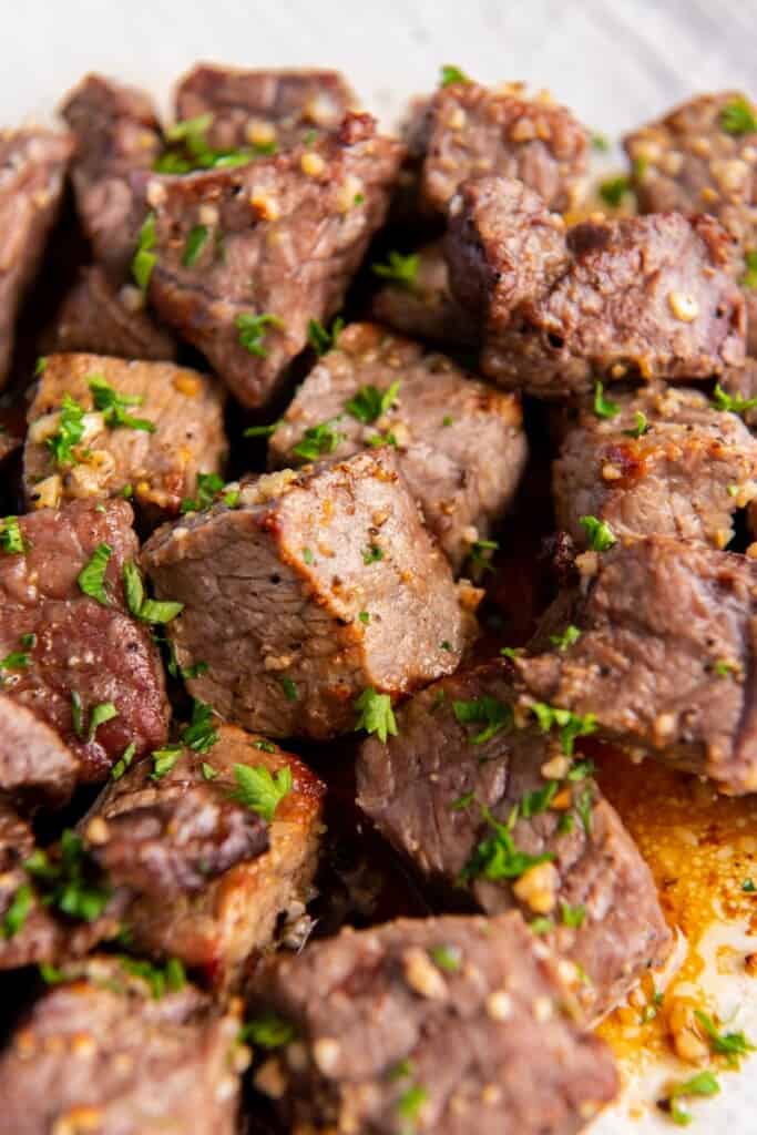 closeup of air fryer steak bites