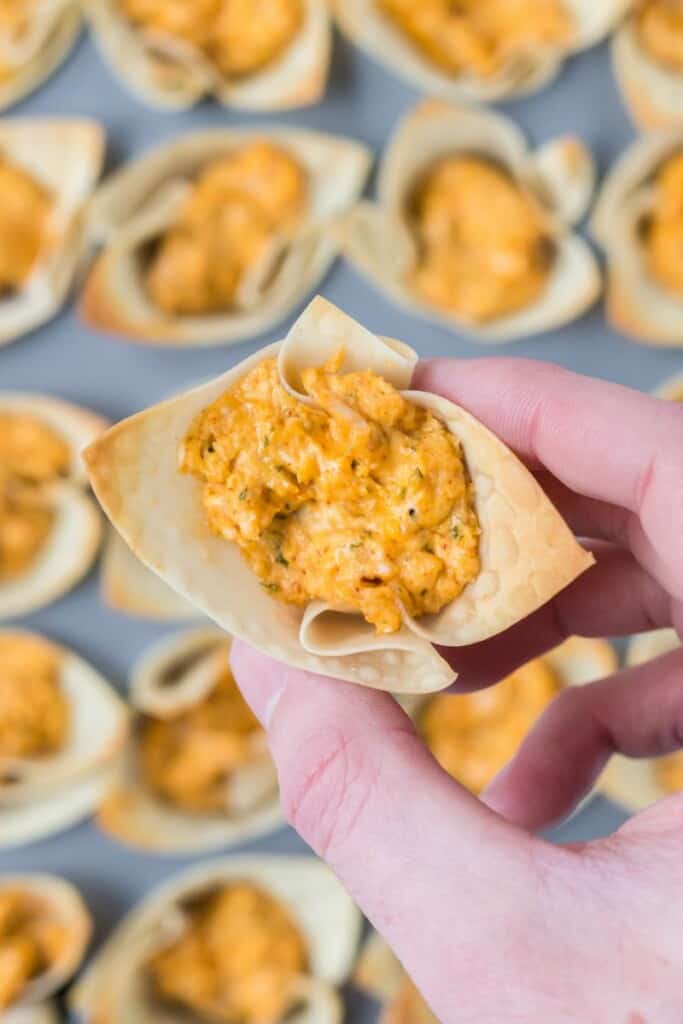 hand holding buffalo chicken wonton