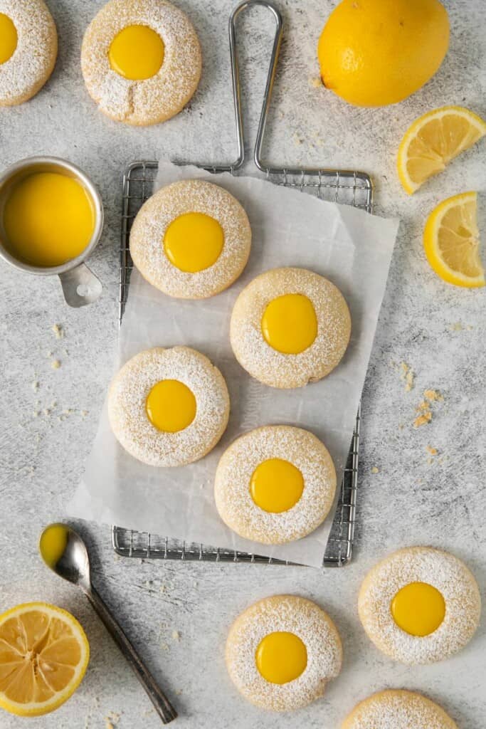 overhead view of baked lemon curd cookies
