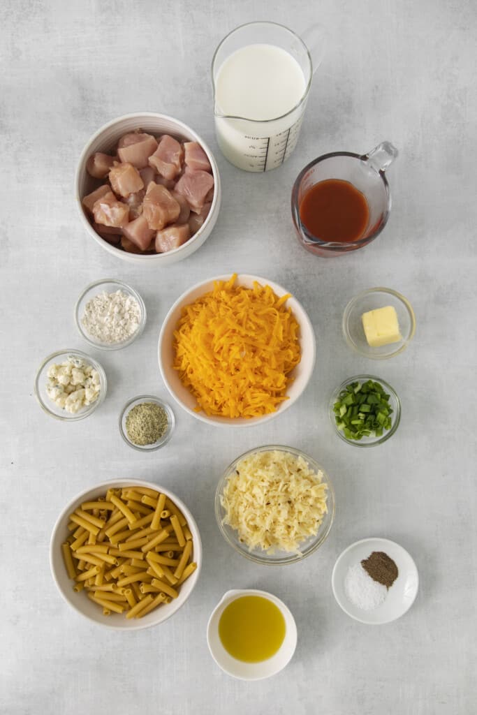 ingredients to make Buffalo chicken pasta bake