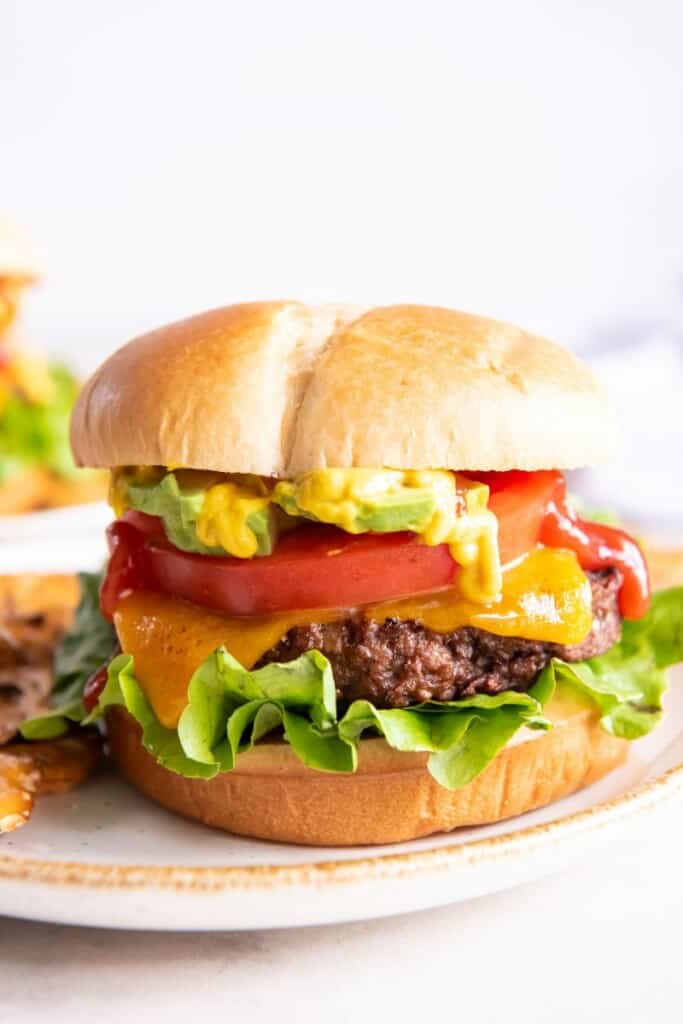 Air fryer Impossible Burger with colorful topppings