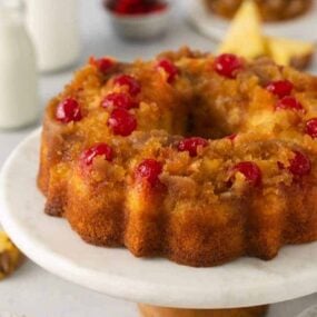 side view of a pineapple upside down cake