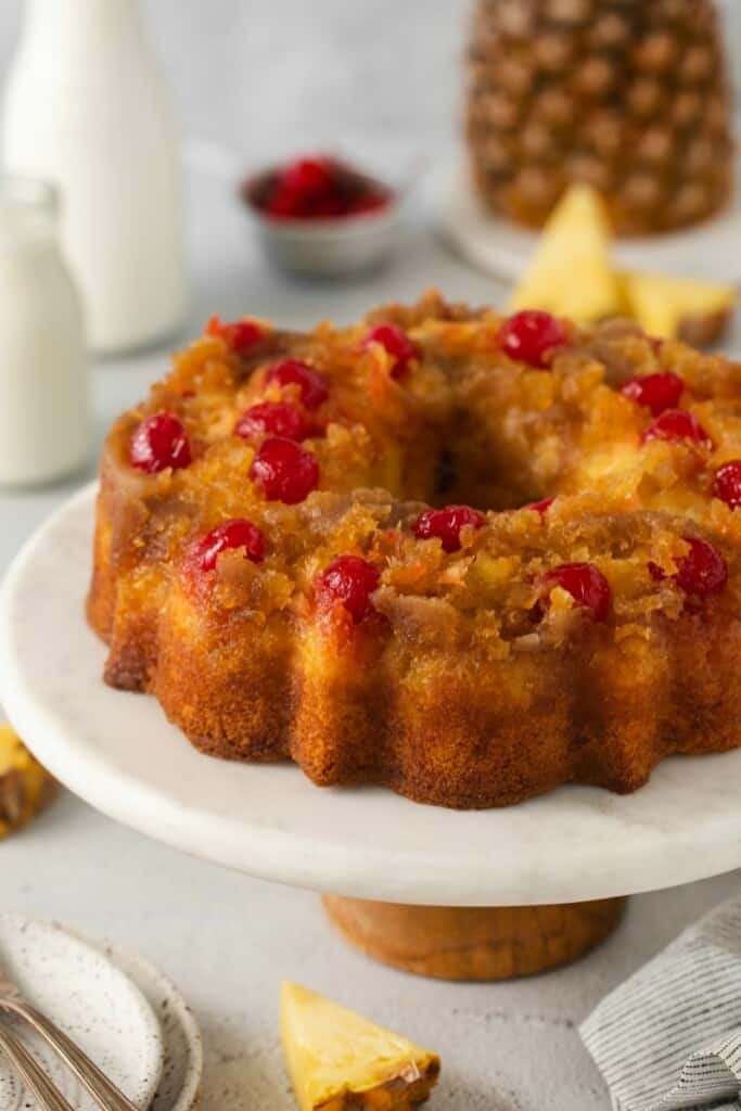 side view of a pineapple upside down cake