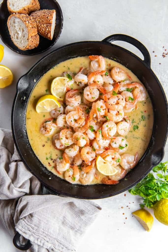 skillet with shrimp scampi