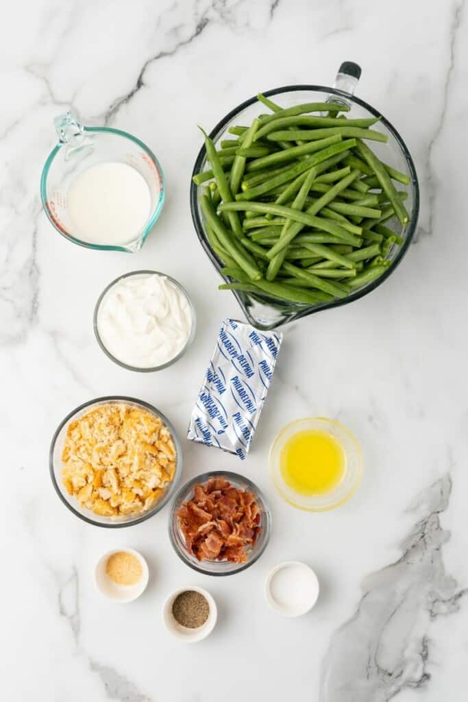 Overhead view of ingredients needed to prepare green bean casserole.