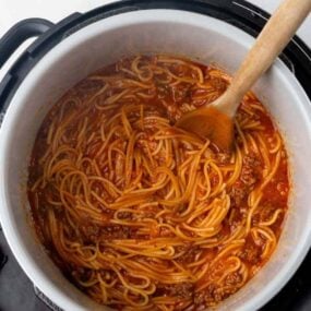 Overhead view of spaghetti after cooking in the Ninja Foodi.