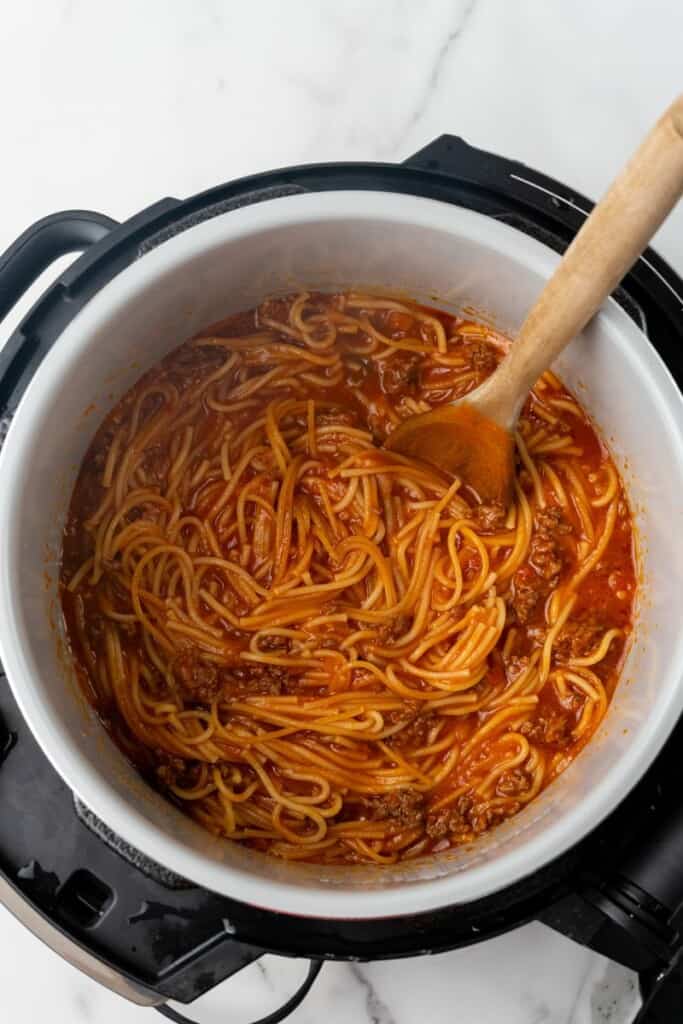 Overhead view of spaghetti after cooking in the Ninja Foodi.
