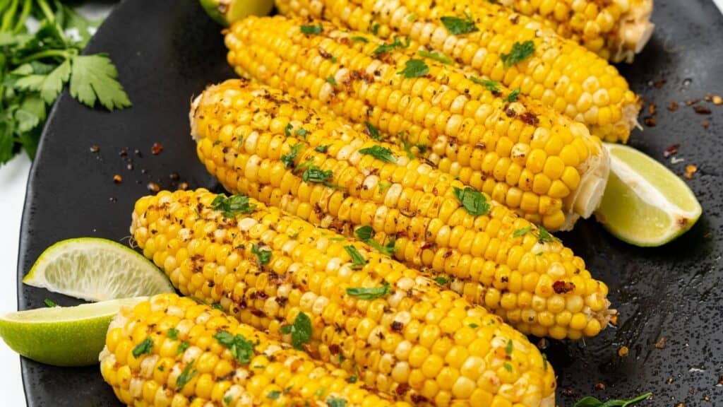 Cajun corn on the cob in a single layer on a black serving dish.