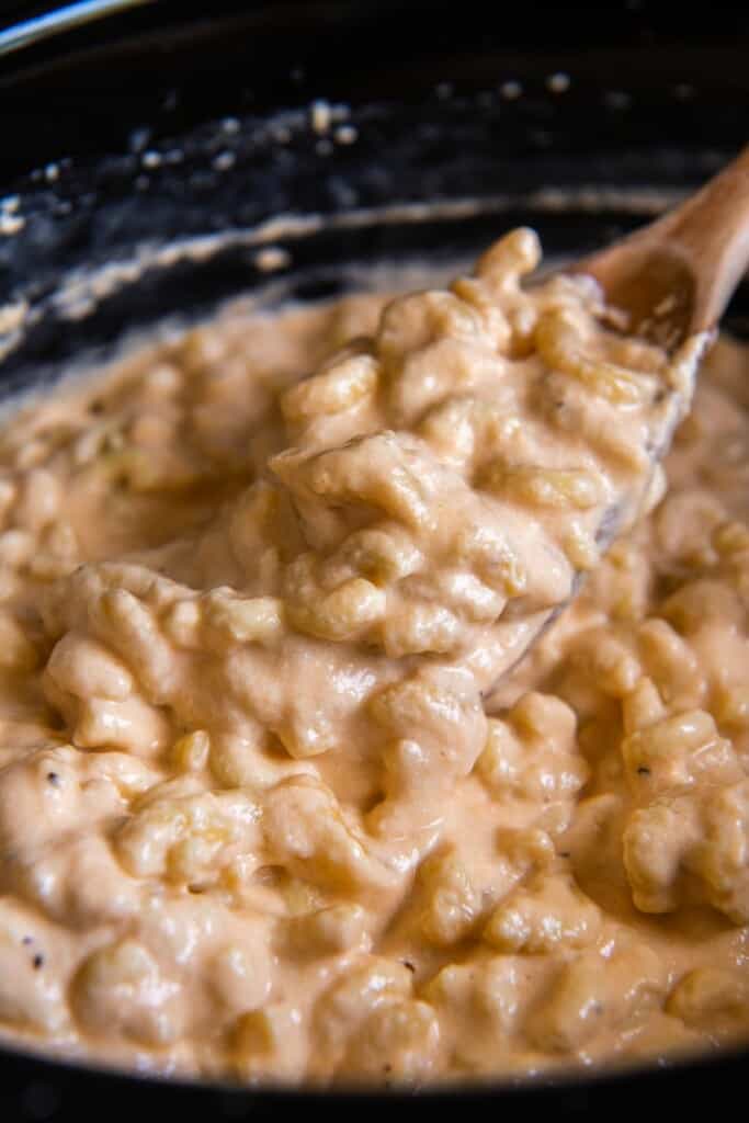 Overhead view of a spoon holding a bite of slow cooked macaroni and cheese.