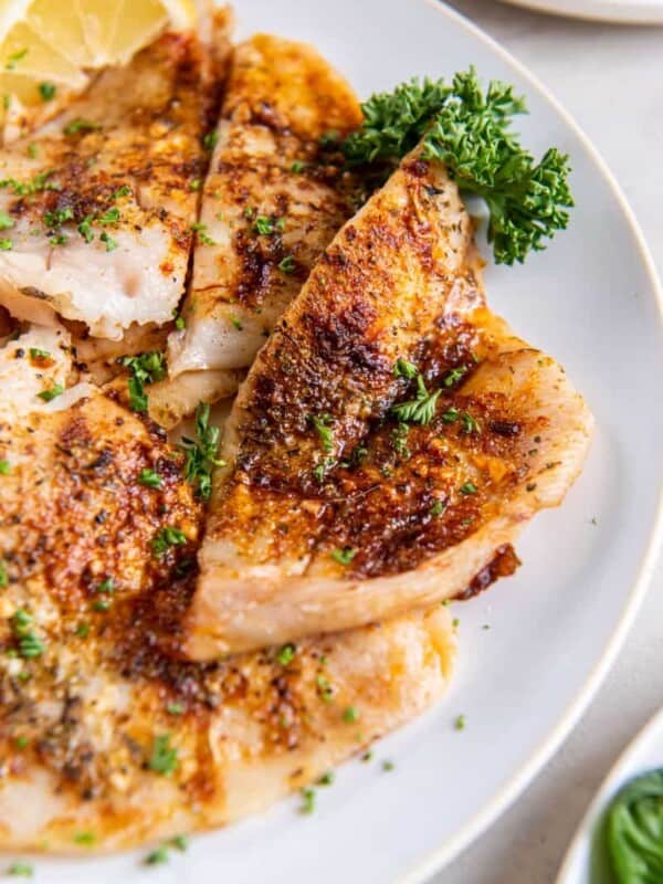A closeup view of an air fried piece of flounder on a white plate.
