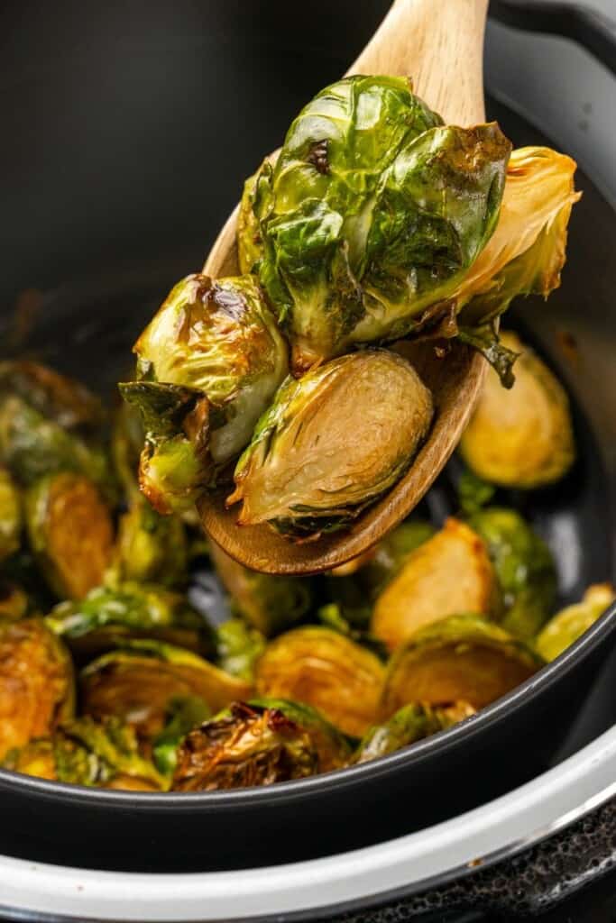 Wooden spoon  holding a bite of brussels sprouts resting in a ninja foodi.