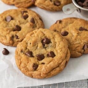 Close up to the chocolate chip cookies without butter so you can see the golden brown color to them.