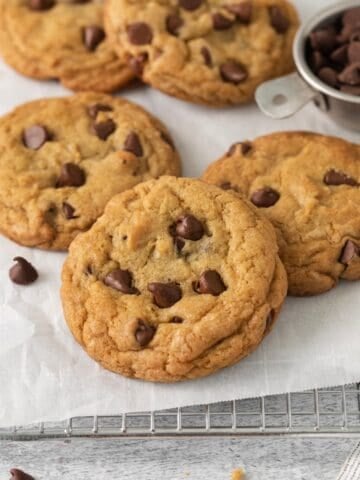Close up to the chocolate chip cookies without butter so you can see the golden brown color to them.