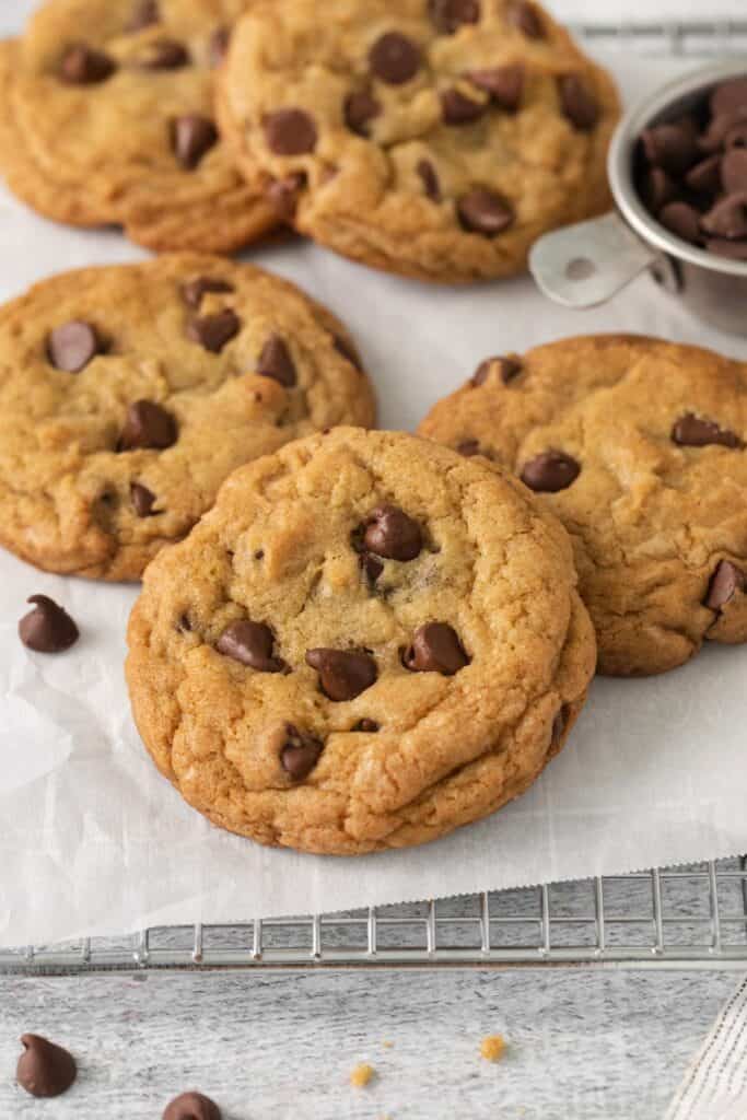 Close up to the chocolate chip cookies without butter so you can see the golden brown color to them.