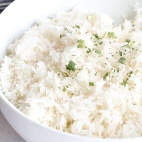 Closeup of ninja foodi white rice in a white bowl.