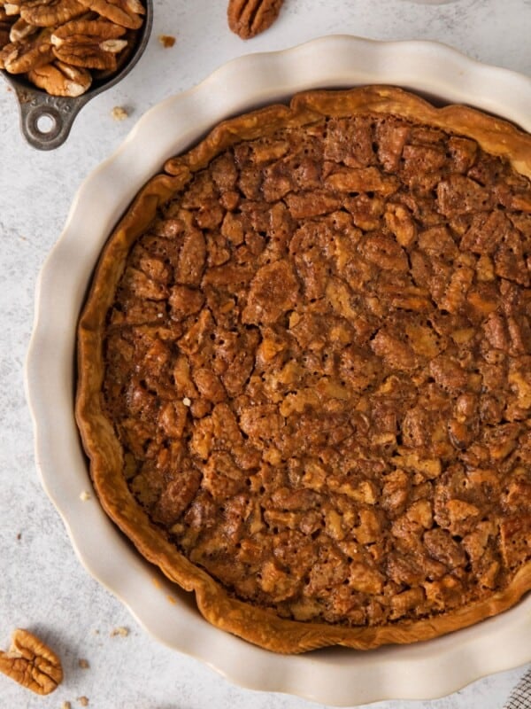 Close up of the pecan pie without corn syrup from overhead after being baked.