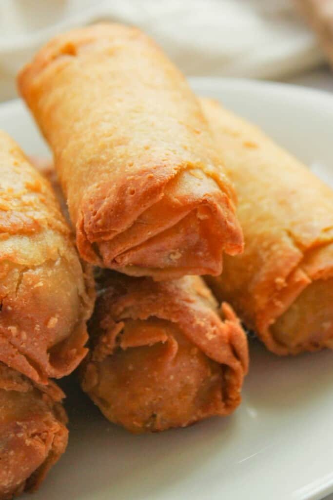 Close up of reheated egg rolls