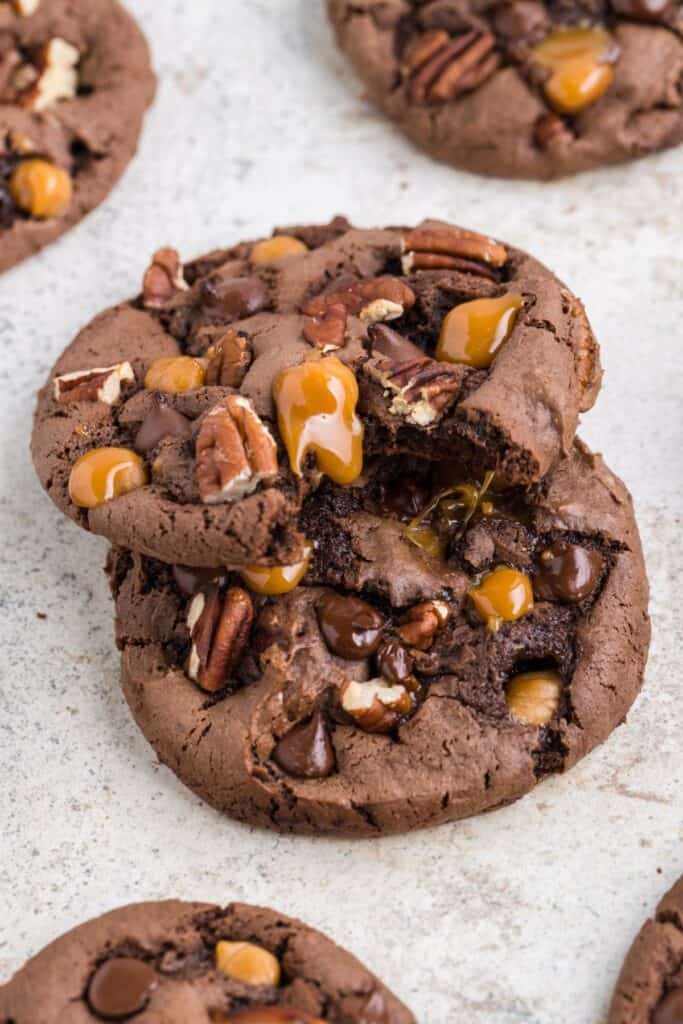 Close up of 2 turtle cookies stacked on each other with the top one with a bite out of it.