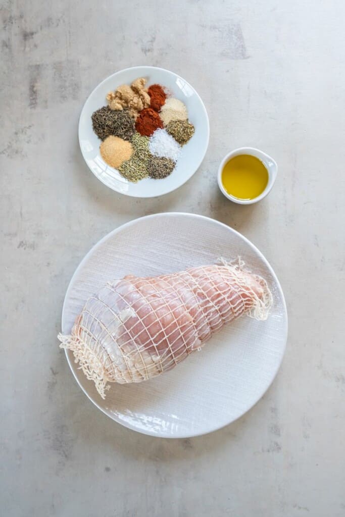 Ingredients needed to prepare a turkey breast in an air fryer.