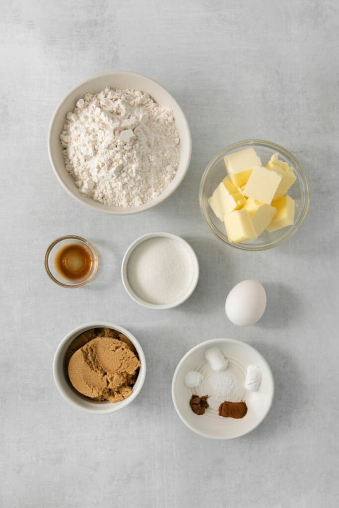 Ingredients needed to prepare brown butter snickerdoodles.