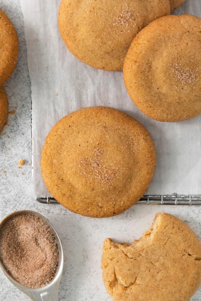 Closeup view of a baked snickerdoodle cookie.