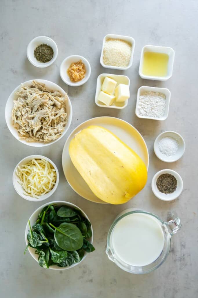 Ingredients needed to prepare spaghetti squash chicken alfredo.