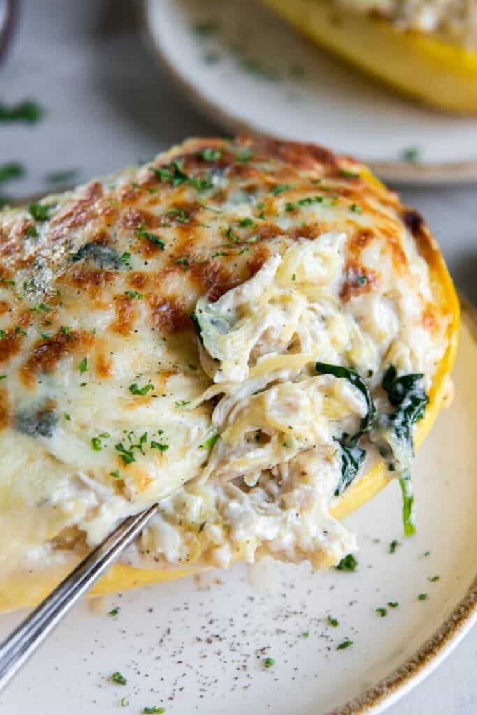 A spoon lifting a bite of chicken alfredo out of a spaghetti squash.