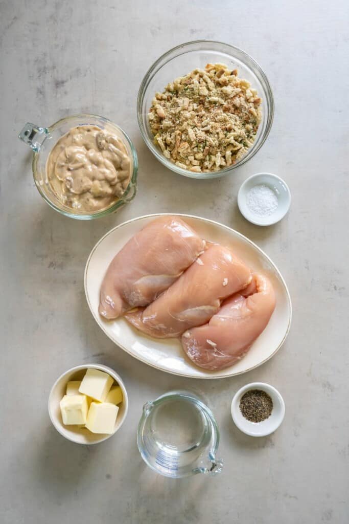 Ingredients needed to prepare chicken and stuffing in a crock pot.