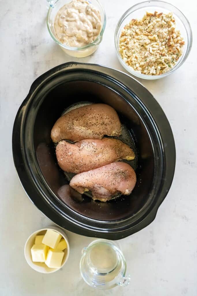 Chicken breasts lying in an even layer in the bottom of a crock pot.