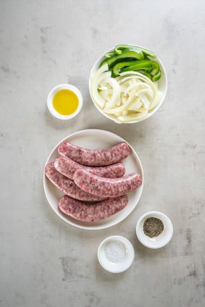 Ingredients needed to prepare brats in the oven.