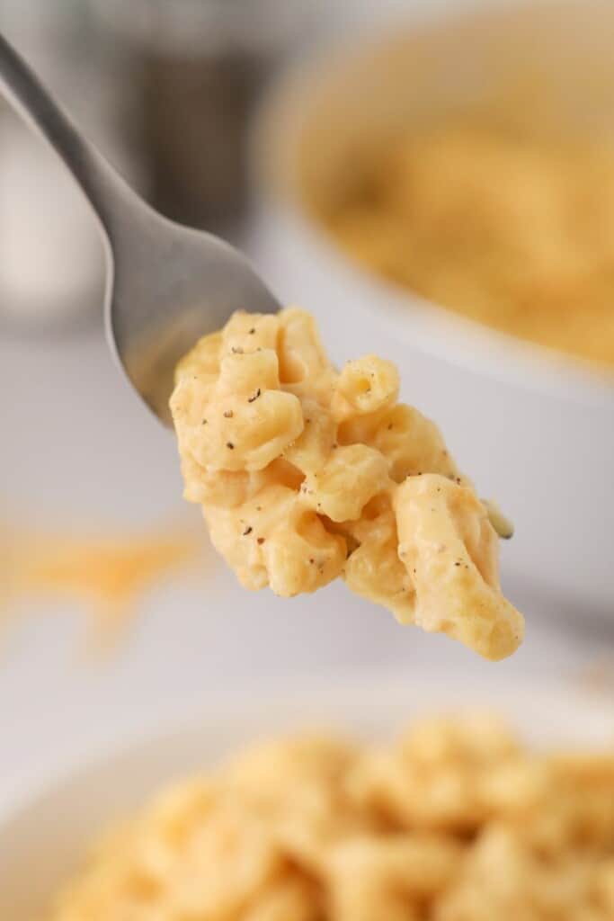 A fork holding a bite of macaroni and cheese.