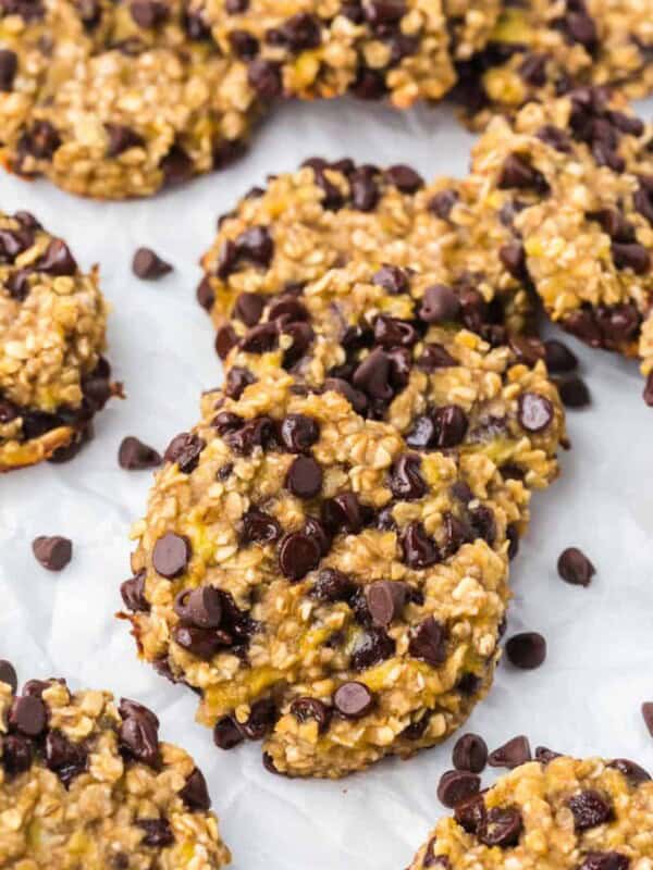 Several banana oatmeal chocolate chip cookies.
