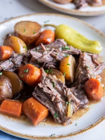 Mississippi Pot Roast with Vegetables on a dinner plate.