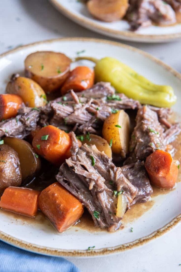 Mississippi Pot Roast with Vegetables on a dinner plate.