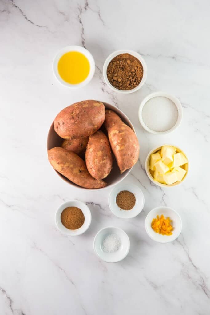 Ingredients needed to prepare candied sweet potatoes.