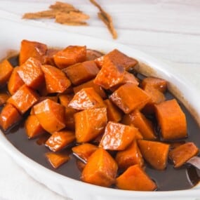 Candied yams in a casserole dish