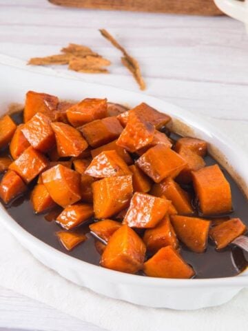 Candied yams in a casserole dish