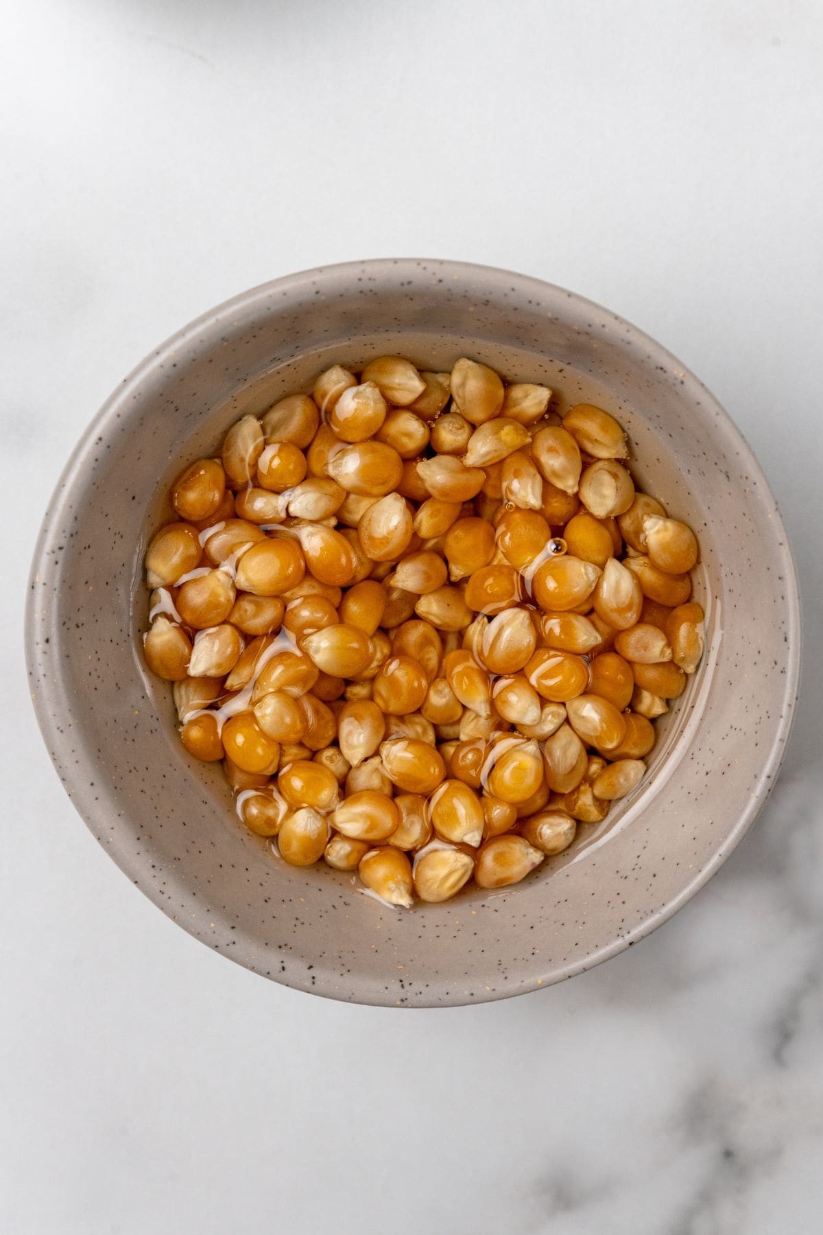 Popcorn kernels in a bowl with oil to soak the kernels.
